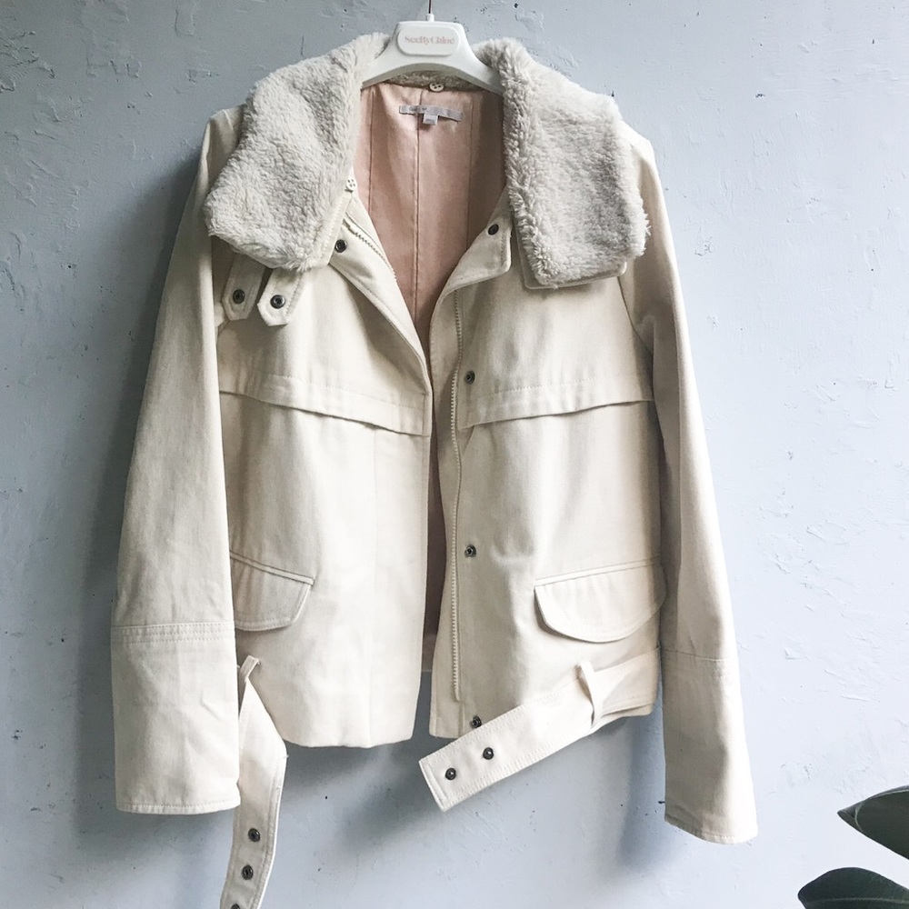 cream spring coat with fur collar